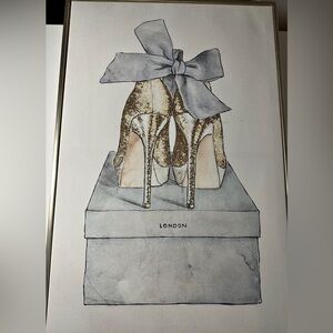 LONDONJEAN Gold Sequin Heels with Gray Bow Wall Art